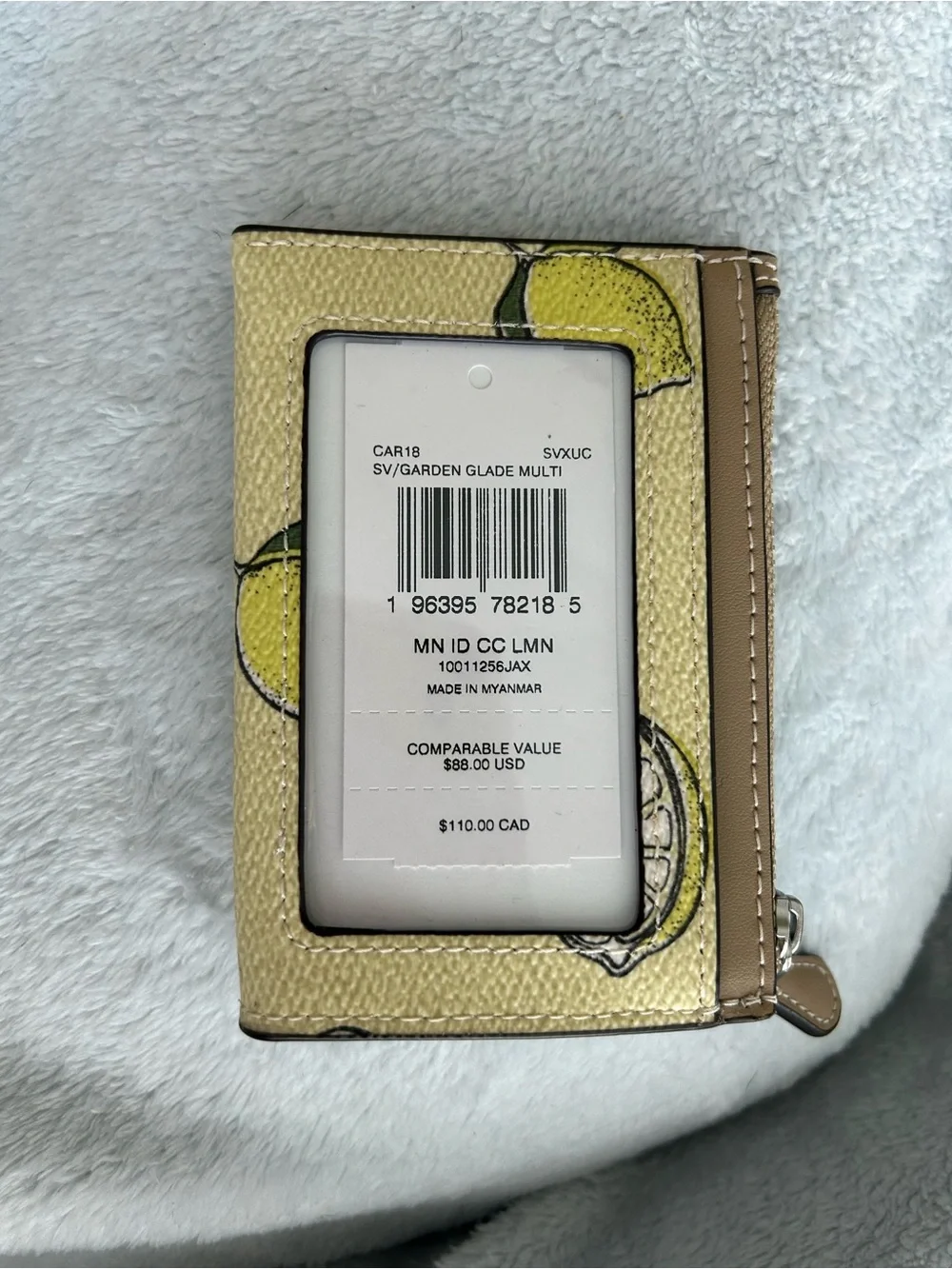 Coach Yellow Lemon Print Zip Card Case with Tan Trim